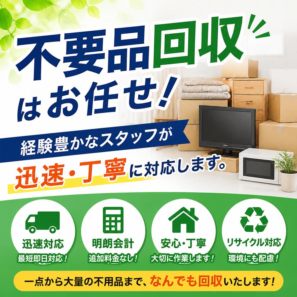 不要品回収はお任せ！経験豊かなスタッフが迅速・丁寧に対応します。