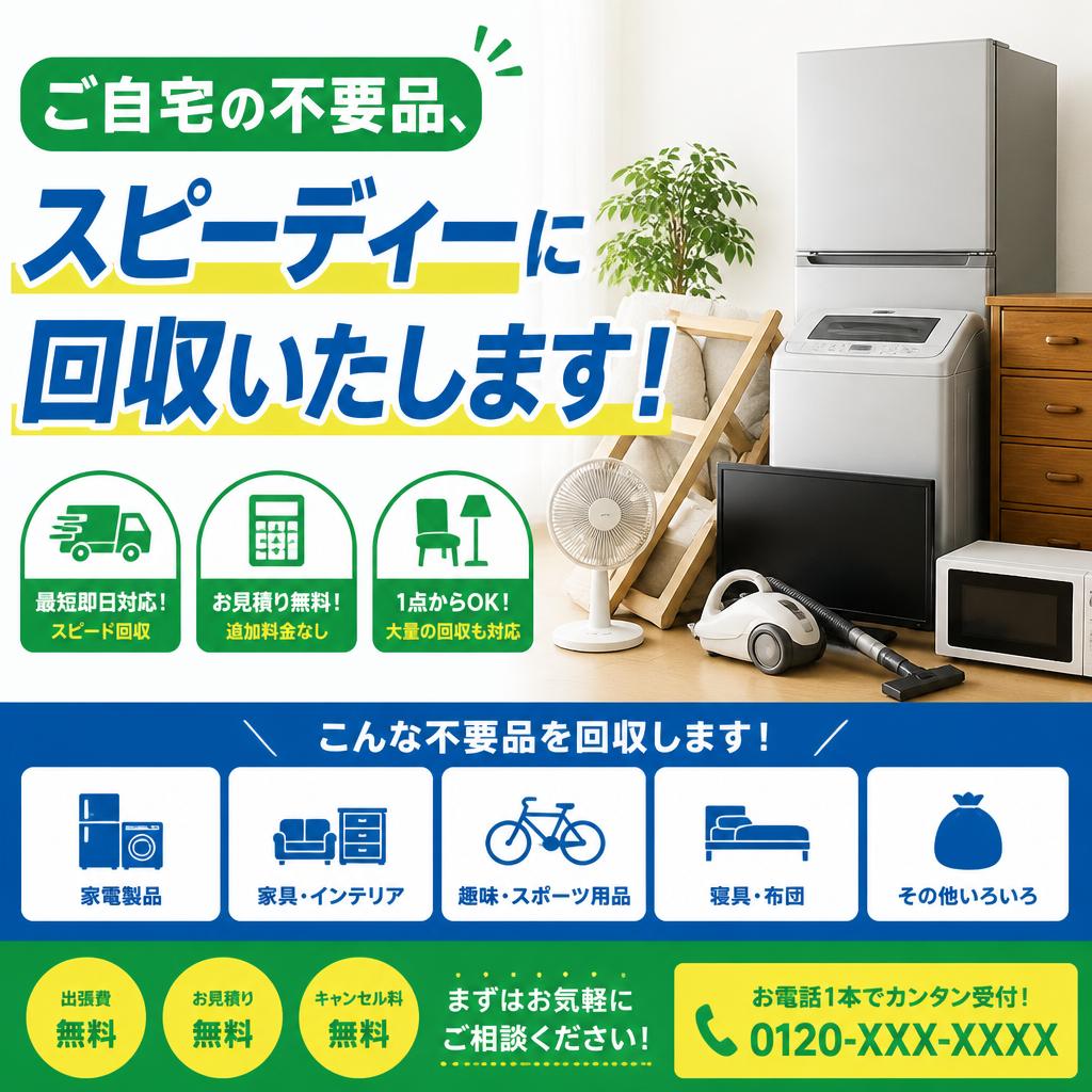 ご自宅の不要品、スピーディーに回収いたします！
