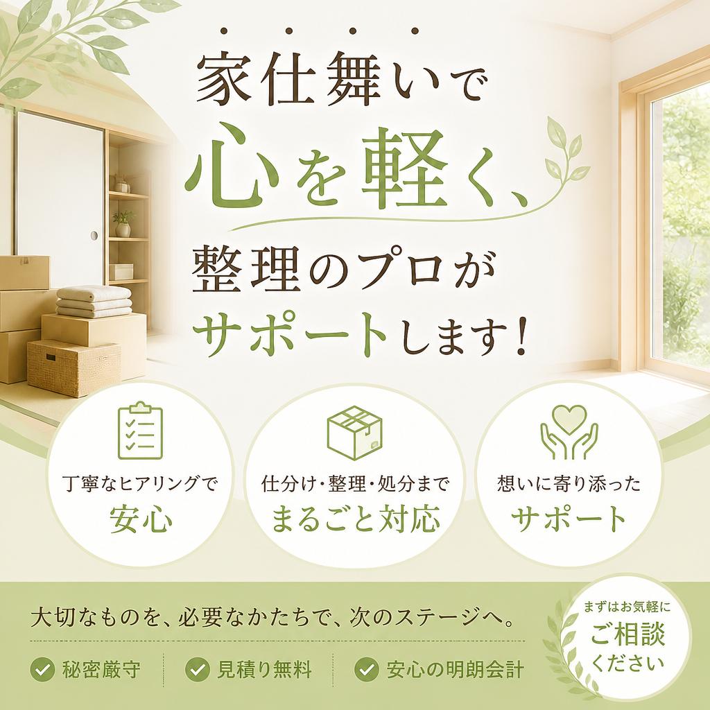 家仕舞いで心を軽く、整理のプロがサポートします！